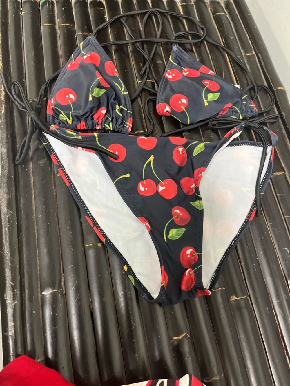 Black Cherry Print Triangle Bikini Set